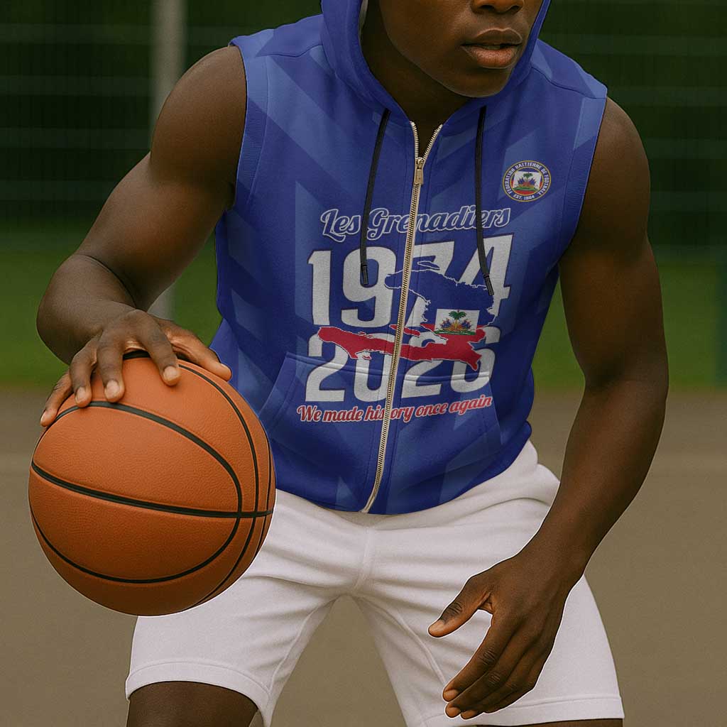 Personalized Afro Haiti Football Sleeveless Zip Hoodie Les Grenadiers Made History Once Again Blue Color - African Pride
