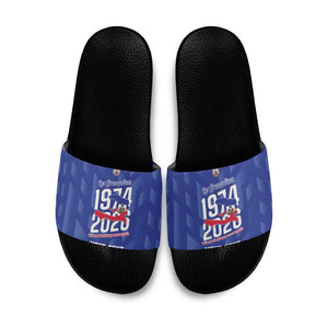 Personalized Haiti Football Slide Sandals Les Grenadiers Made History Once Again Blue Color