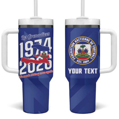Personalized Afro Haiti Football Tumbler With Handle Les Grenadiers Made History Once Again Blue Color - African Pride