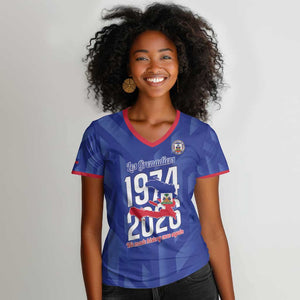 Personalized Afro Haiti Football Women V-Neck T-Shirt Les Grenadiers Made History Once Again Blue Color - African Pride