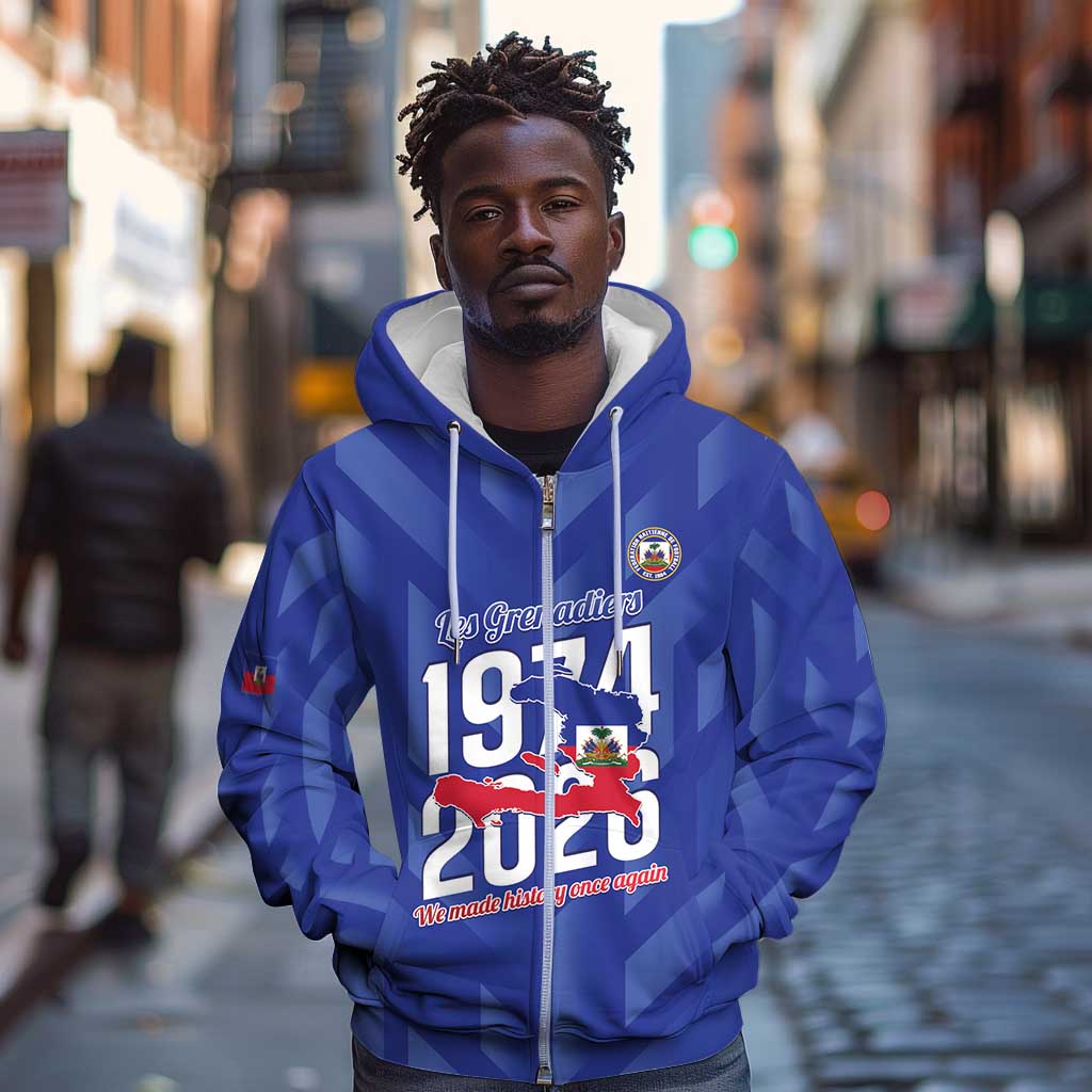 Personalized Afro Haiti Football Zip Hoodie Les Grenadiers Made History Once Again Blue Color - African Pride