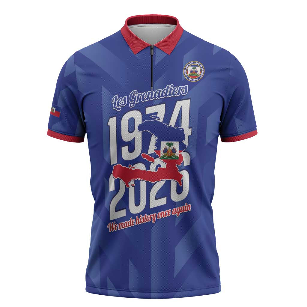 Personalized Haiti Football Zipper Polo Shirt Les Grenadiers Made History Once Again Blue Color