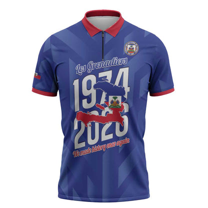 Personalized Haiti Football Zipper Polo Shirt Les Grenadiers Made History Once Again Blue Color
