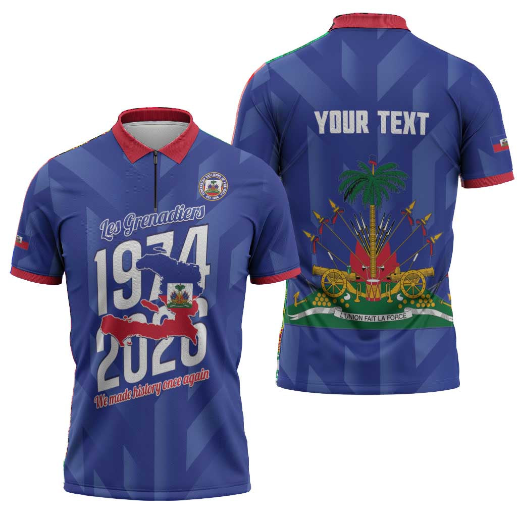 Personalized Haiti Football Zipper Polo Shirt Les Grenadiers Made History Once Again Blue Color