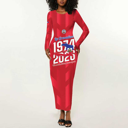 Personalized Afro Haiti Football Long Sleeve Bodycon Dress Les Grenadiers Made History Once Again Red Color - African Pride