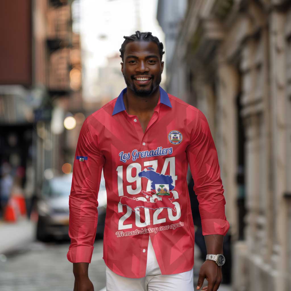 Personalized Afro Haiti Football Long Sleeve Button Shirt Les Grenadiers Made History Once Again Red Color - African Pride