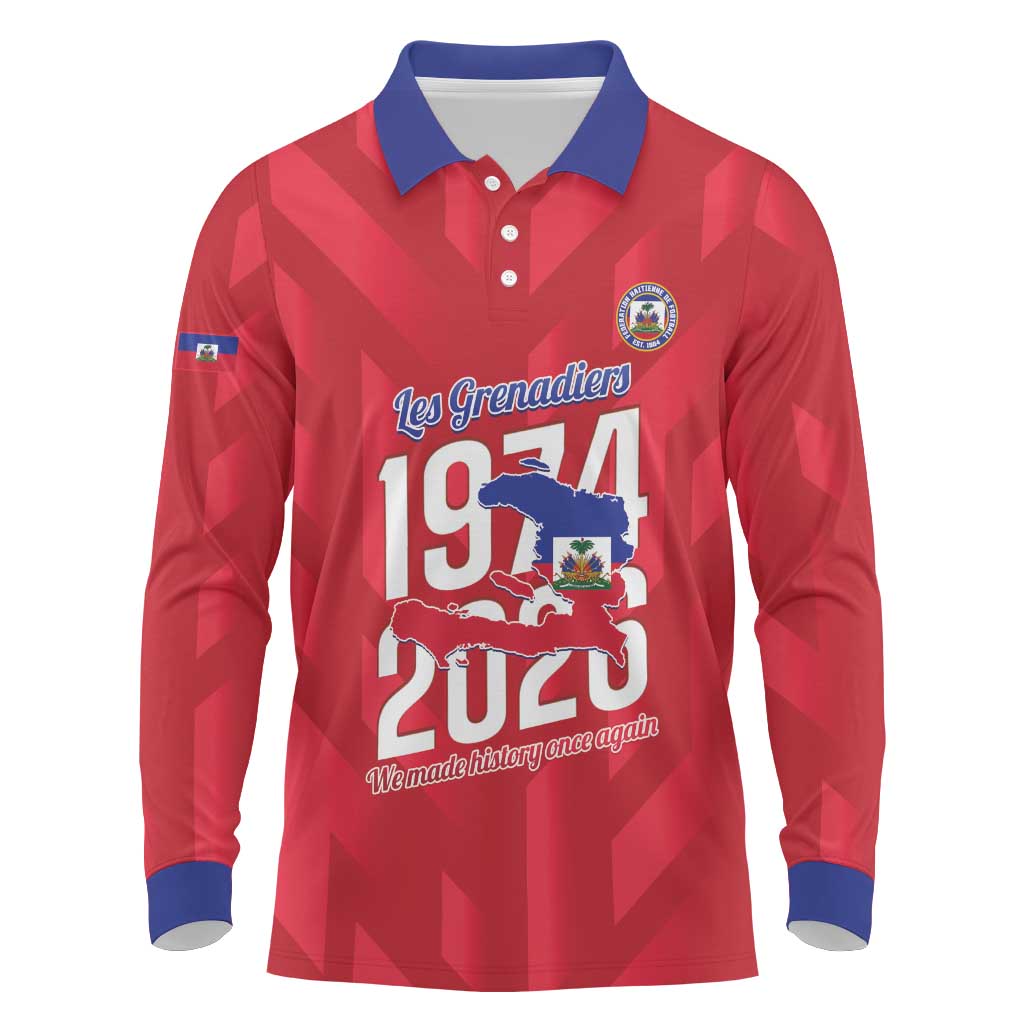 Personalized Afro Haiti Football Long Sleeve Polo Shirt Les Grenadiers Made History Once Again Red Color - African Pride