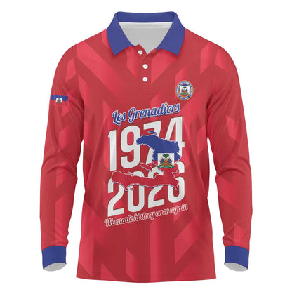 Personalized Afro Haiti Football Long Sleeve Polo Shirt Les Grenadiers Made History Once Again Red Color - African Pride