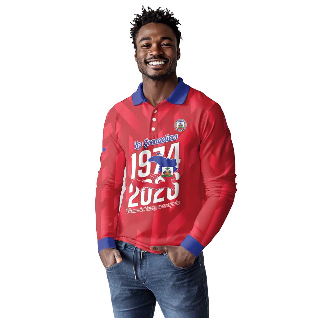 Personalized Afro Haiti Football Long Sleeve Polo Shirt Les Grenadiers Made History Once Again Red Color - African Pride