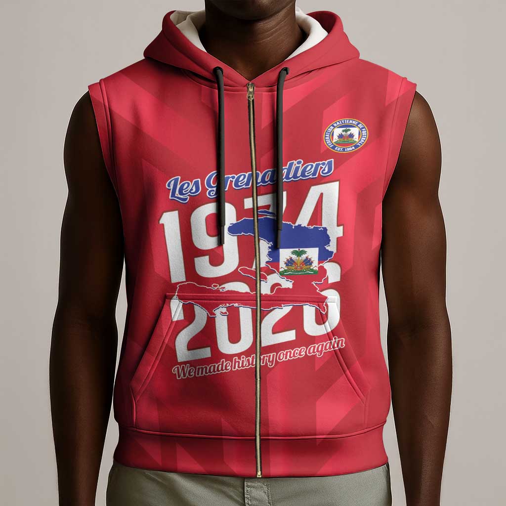 Personalized Afro Haiti Football Sleeveless Zip Hoodie Les Grenadiers Made History Once Again Red Color - African Pride