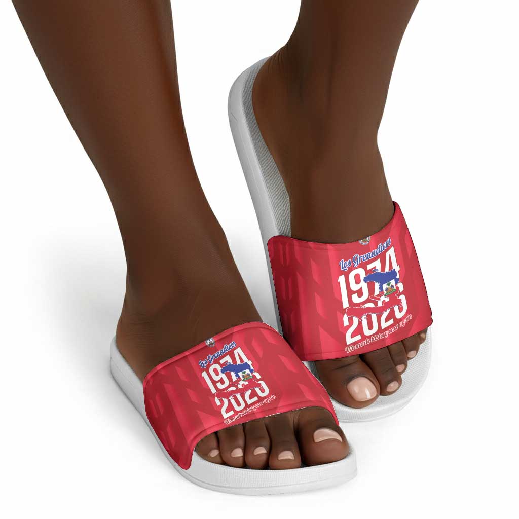 Personalized Haiti Football Slide Sandals Les Grenadiers Made History Once Again Red Color