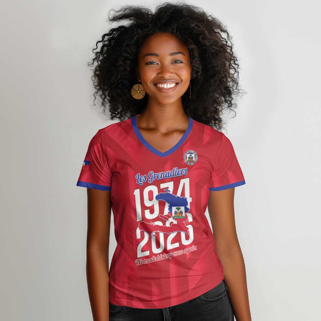 Personalized Afro Haiti Football Women V-Neck T-Shirt Les Grenadiers Made History Once Again Red Color LT14