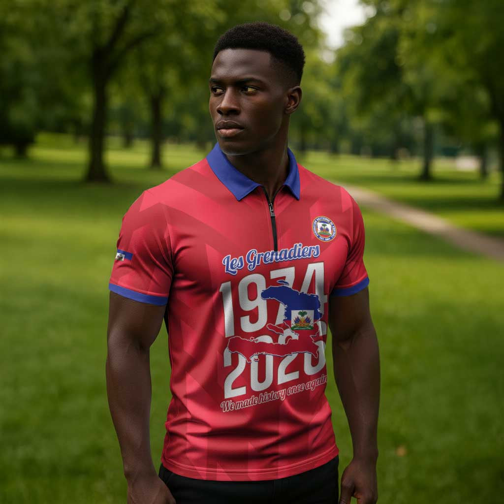 Personalized Haiti Football Zipper Polo Shirt Les Grenadiers Made History Once Again Red Color