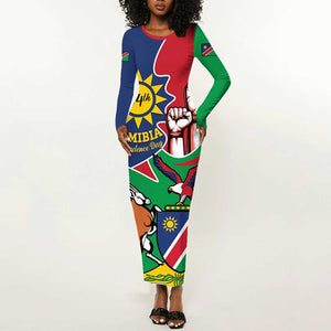 Namibia Independence Day Long Sleeve Bodycon Dress Coat Of Arms Curve Style LT14