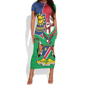 Namibia Independence Day Short Sleeve Bodycon Dress Coat Of Arms Curve Style LT14