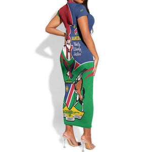 Namibia Independence Day Short Sleeve Bodycon Dress Coat Of Arms Curve Style LT14