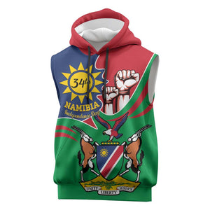 Namibia Independence Day Sleeveless Hoodie Coat Of Arms Curve Style - African Pride