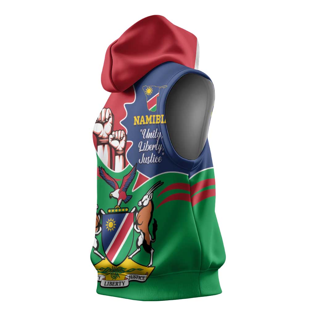 Namibia Independence Day Sleeveless Hoodie Coat Of Arms Curve Style - African Pride
