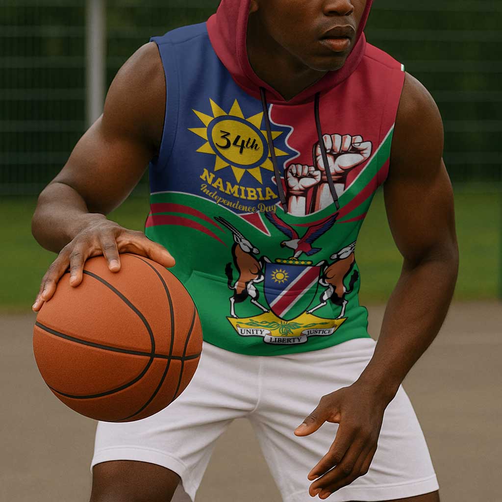 Namibia Independence Day Sleeveless Hoodie Coat Of Arms Curve Style - African Pride