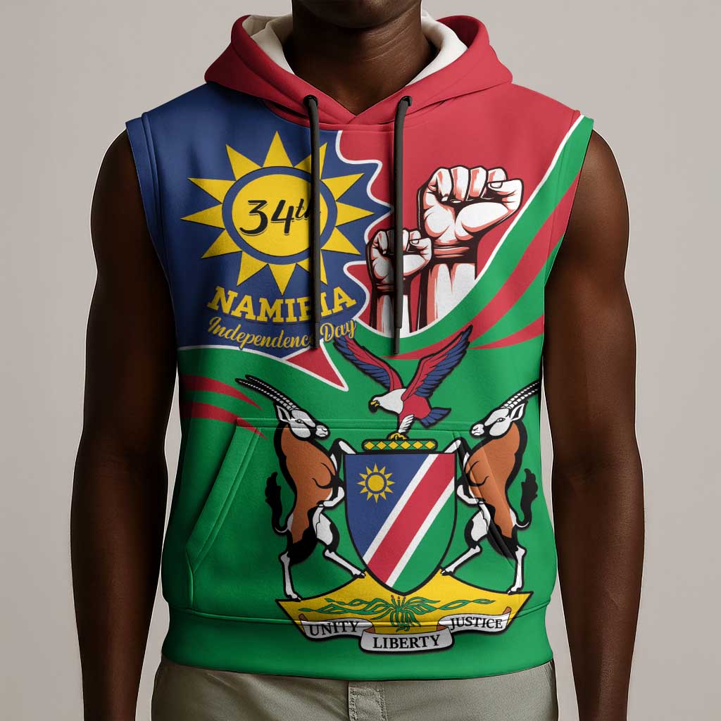 Namibia Independence Day Sleeveless Hoodie Coat Of Arms Curve Style - African Pride