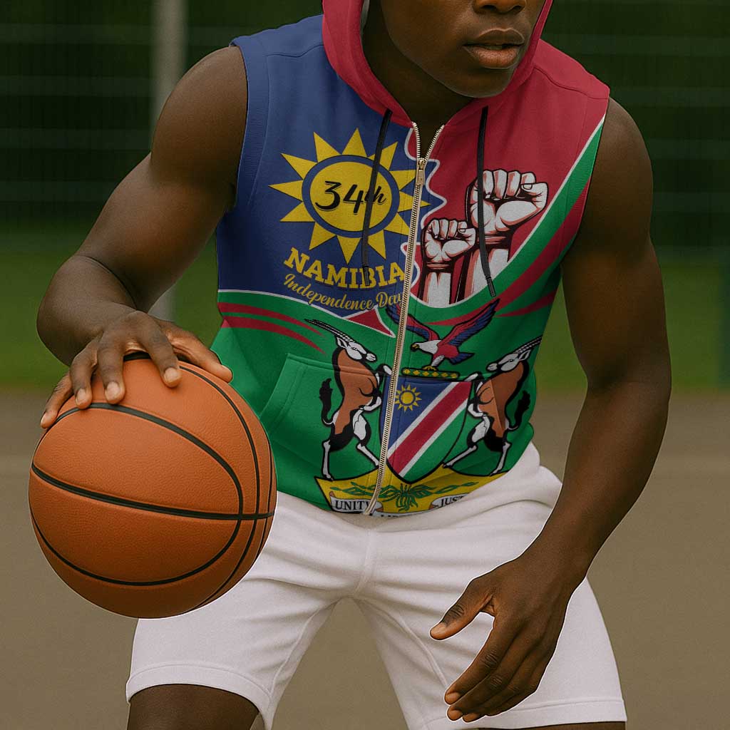 Namibia Independence Day Sleeveless Zip Hoodie Coat Of Arms Curve Style - African Pride