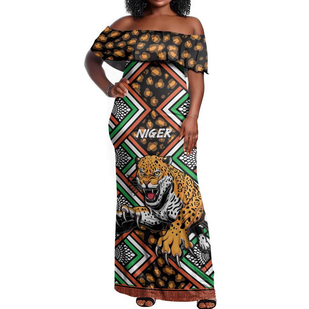 Personalized Afro Niger Off Shoulder Maxi Dress Leopard Ankara African Pattern