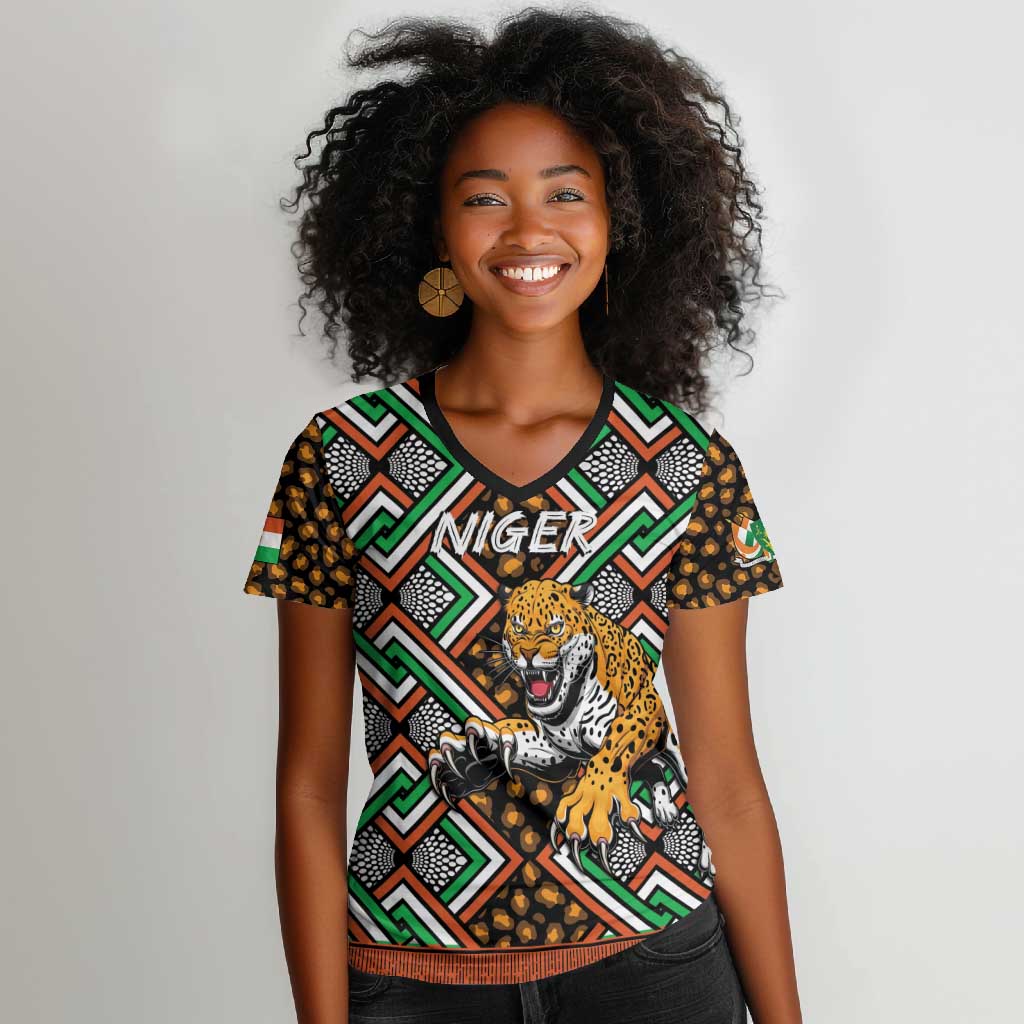 Personalized Afro Niger Women V-Neck T-Shirt Leopard Ankara African Pattern