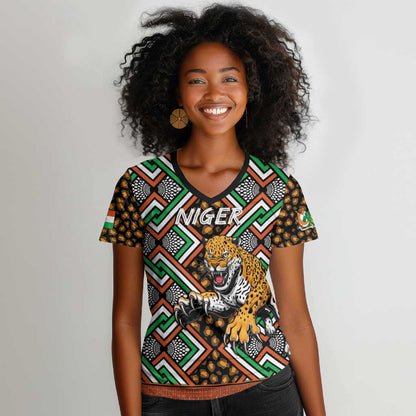 Personalized Afro Niger Women V-Neck T-Shirt Leopard Ankara African Pattern