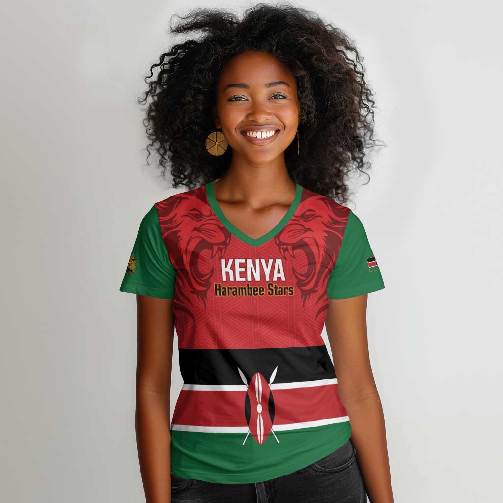 Custom Kenya Football Women V-Neck T-Shirt Go Harambee Stars African Pattern