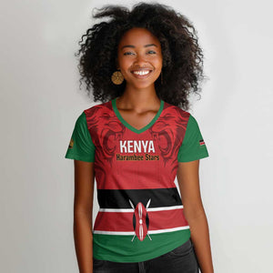 Custom Kenya Football Women V-Neck T-Shirt Go Harambee Stars African Pattern