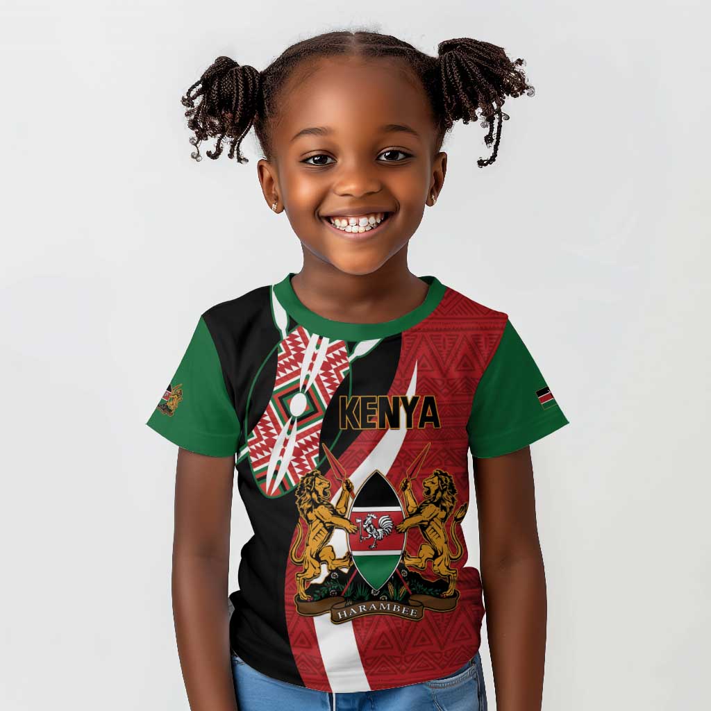 Custom Kenya Football Kid T shirt Maasai Shield Coat Of Arms Style