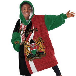 Custom Kenya Football Kid Wearable Blanket Hoodie Maasai Shield Coat Of Arms Style