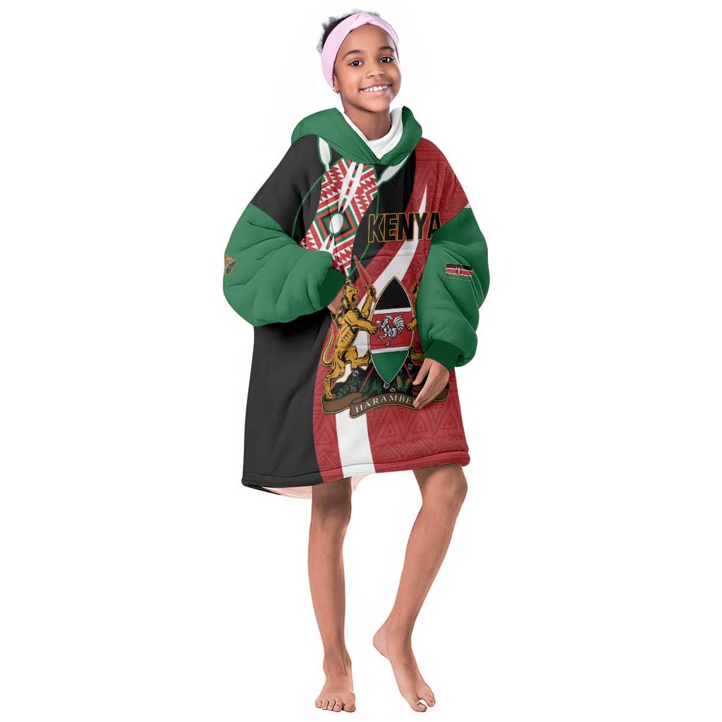 Custom Kenya Football Kid Wearable Blanket Hoodie Maasai Shield Coat Of Arms Style