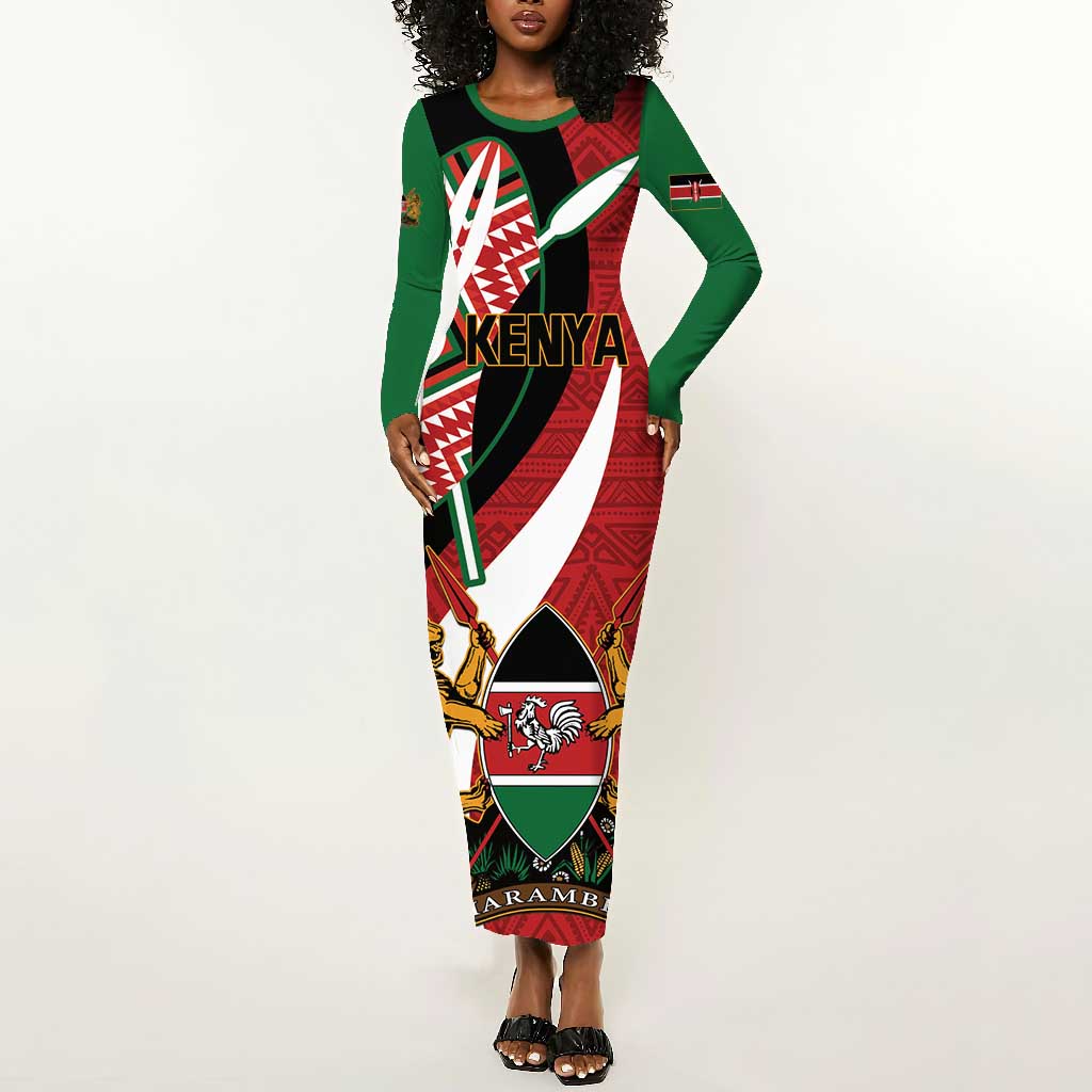 Custom Kenya Football Long Sleeve Bodycon Dress Maasai Shield Coat Of Arms Style LT14