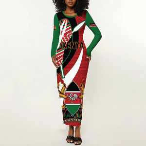 Custom Kenya Football Long Sleeve Bodycon Dress Maasai Shield Coat Of Arms Style LT14