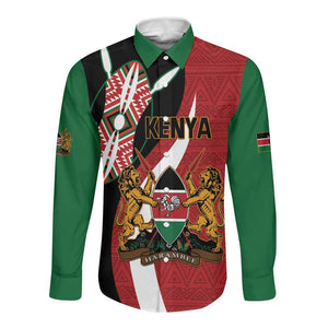 Custom Kenya Football Long Sleeve Button Shirt Maasai Shield Coat Of Arms Style
