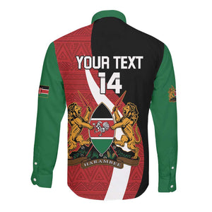 Custom Kenya Football Long Sleeve Button Shirt Maasai Shield Coat Of Arms Style