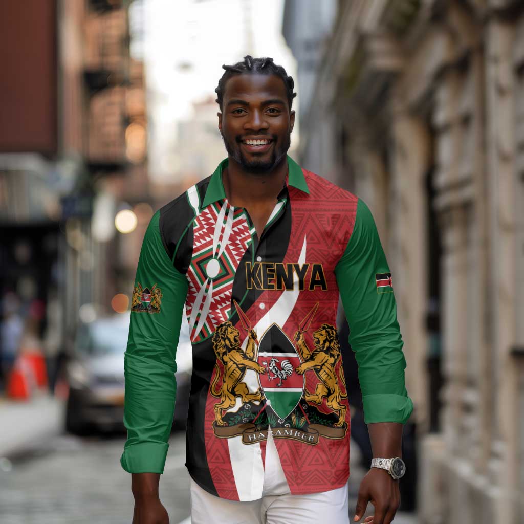 Custom Kenya Football Long Sleeve Button Shirt Maasai Shield Coat Of Arms Style