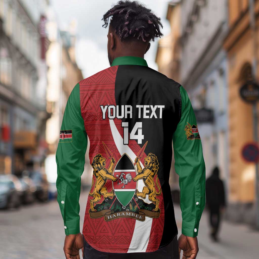 Custom Kenya Football Long Sleeve Button Shirt Maasai Shield Coat Of Arms Style