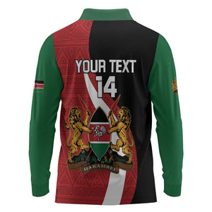 Custom Kenya Football Long Sleeve Polo Shirt Maasai Shield Coat Of Arms Style