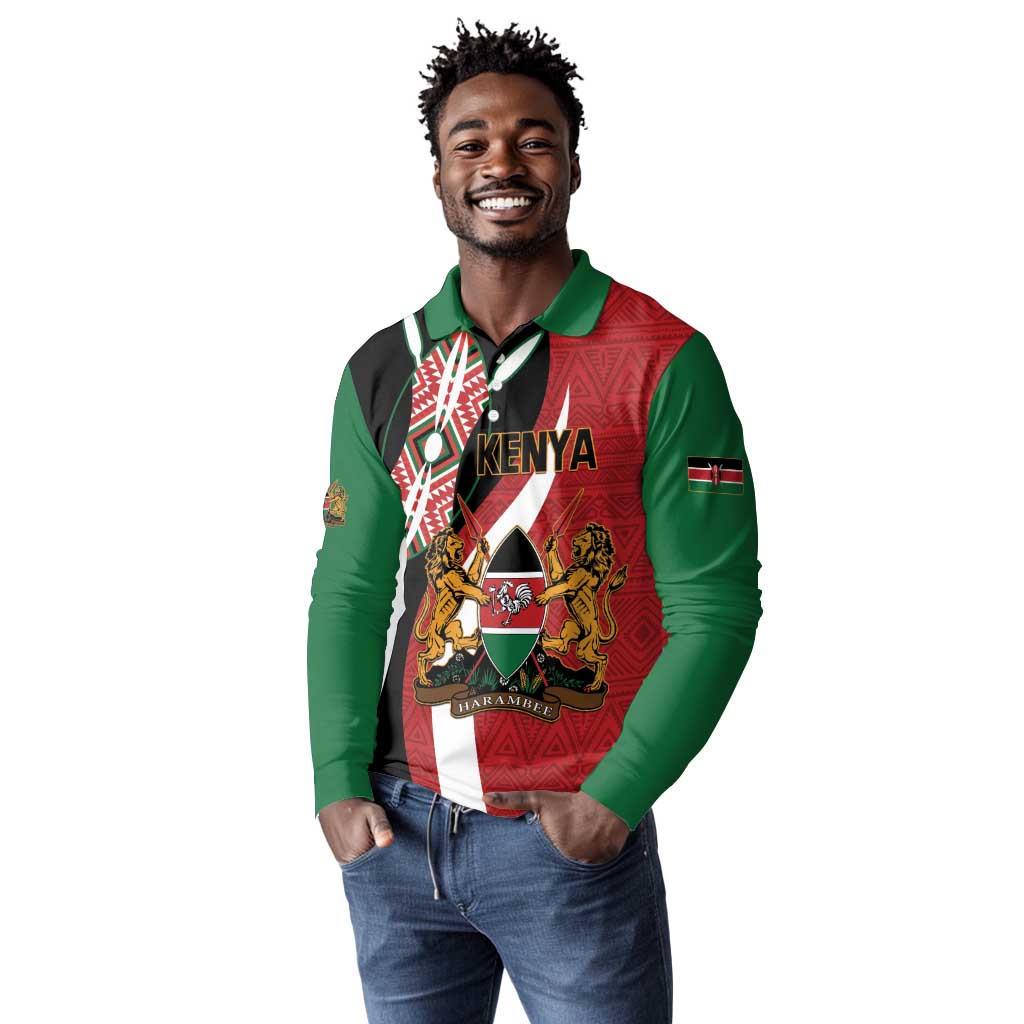 Custom Kenya Football Long Sleeve Polo Shirt Maasai Shield Coat Of Arms Style