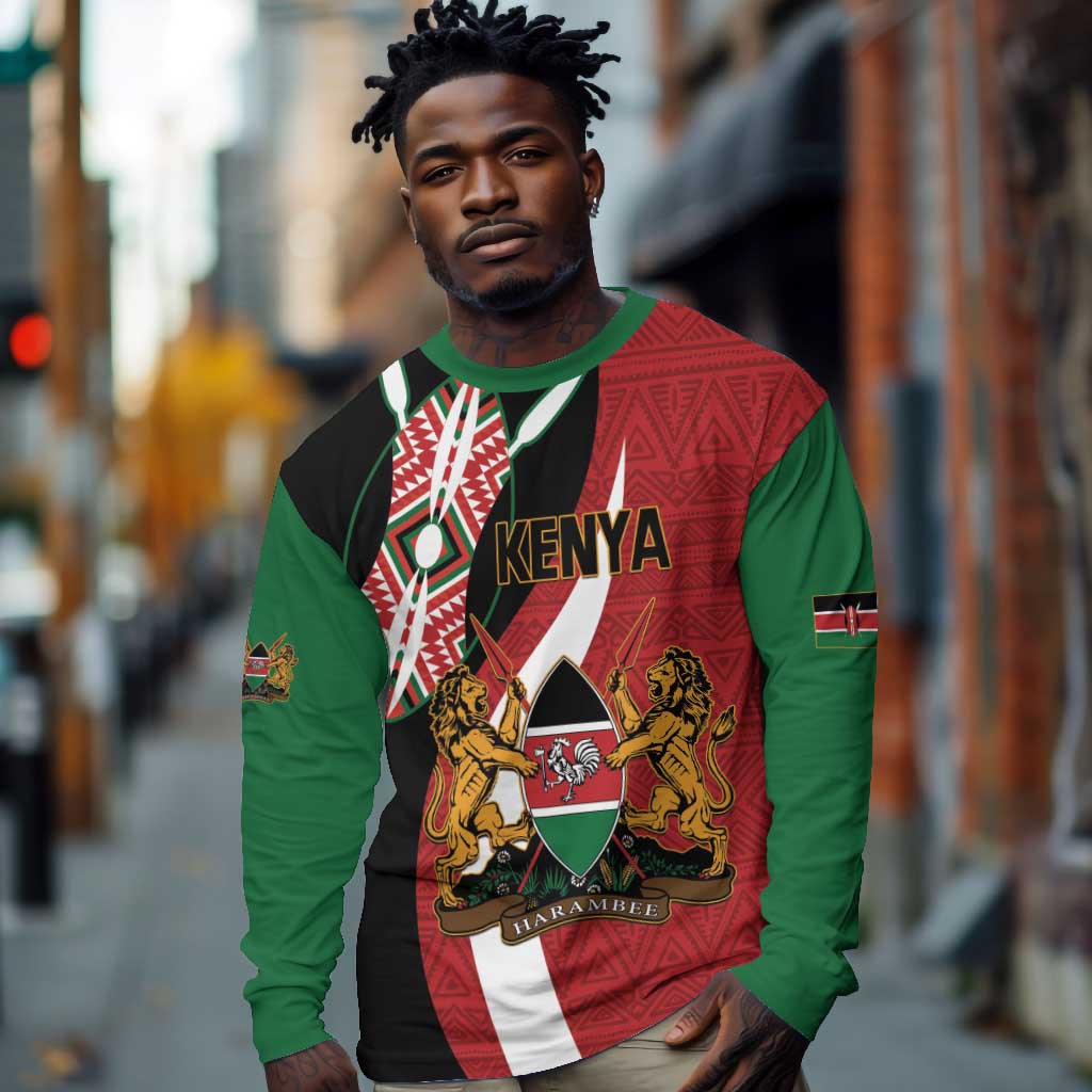 Custom Kenya Football Long Sleeve Shirt Maasai Shield Coat Of Arms Style