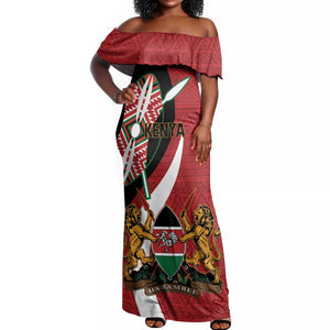 Custom Kenya Football Off Shoulder Maxi Dress Maasai Shield Coat Of Arms Style