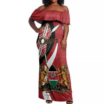 Custom Kenya Football Off Shoulder Maxi Dress Maasai Shield Coat Of Arms Style
