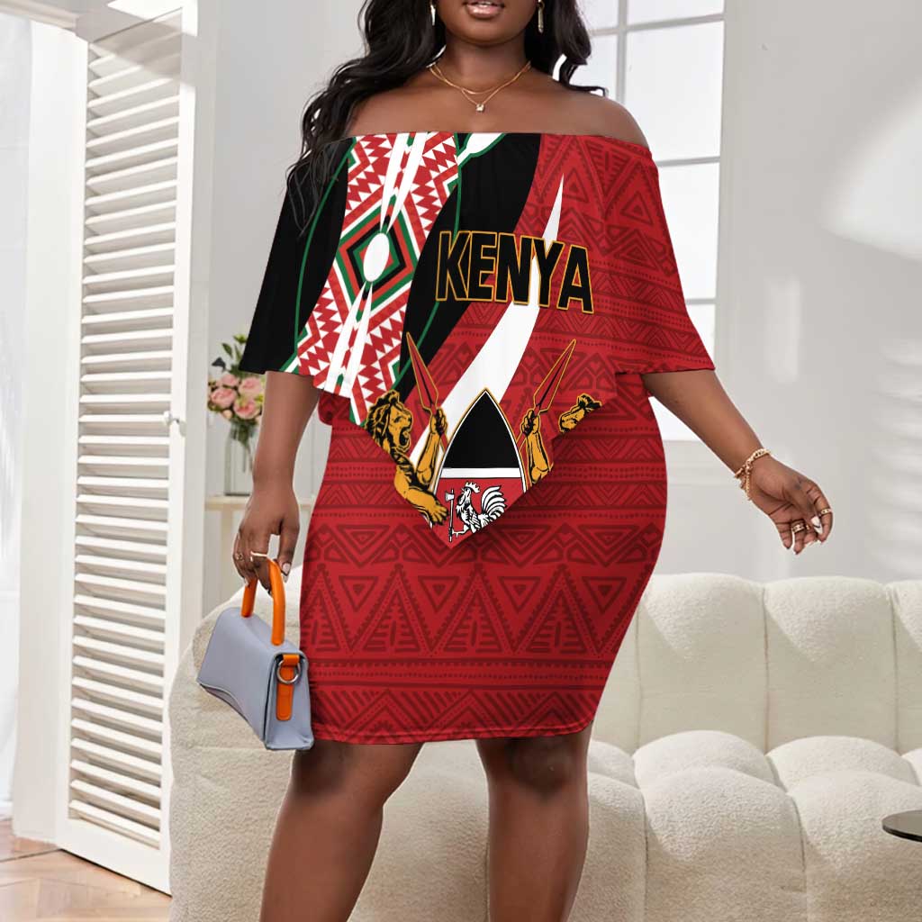 Custom Kenya Football Off Shoulder Short Dress Maasai Shield Coat Of Arms Style