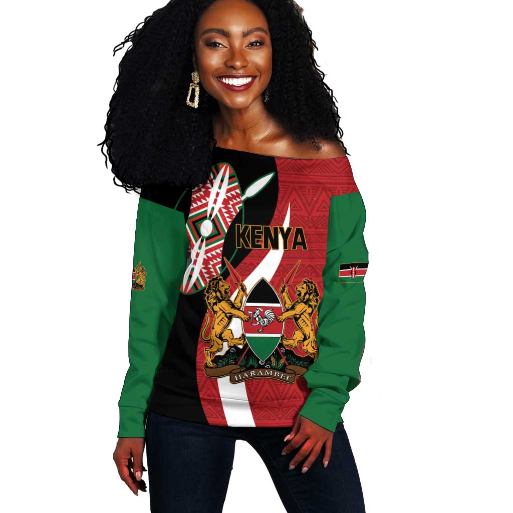 Custom Kenya Football Off Shoulder Sweater Maasai Shield Coat Of Arms Style