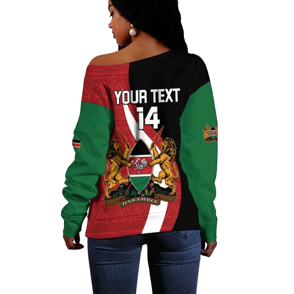 Custom Kenya Football Off Shoulder Sweater Maasai Shield Coat Of Arms Style