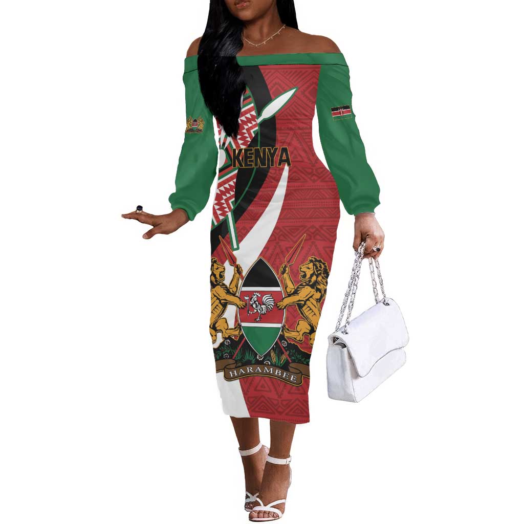 Custom Kenya Football Off The Shoulder Long Sleeve Dress Maasai Shield Coat Of Arms Style