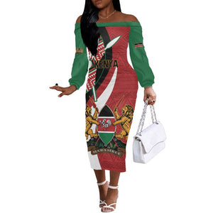 Custom Kenya Football Off The Shoulder Long Sleeve Dress Maasai Shield Coat Of Arms Style