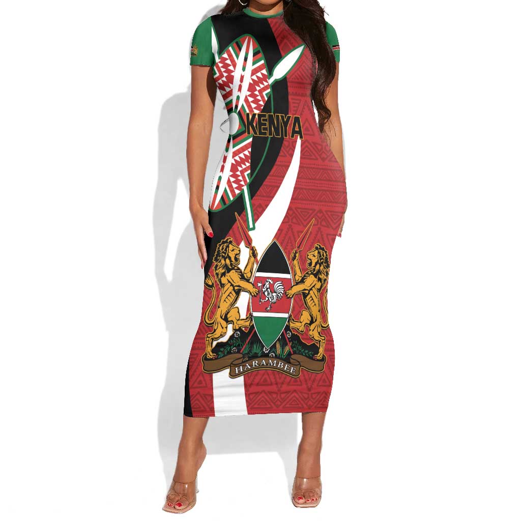 Custom Kenya Football Short Sleeve Bodycon Dress Maasai Shield Coat Of Arms Style LT14